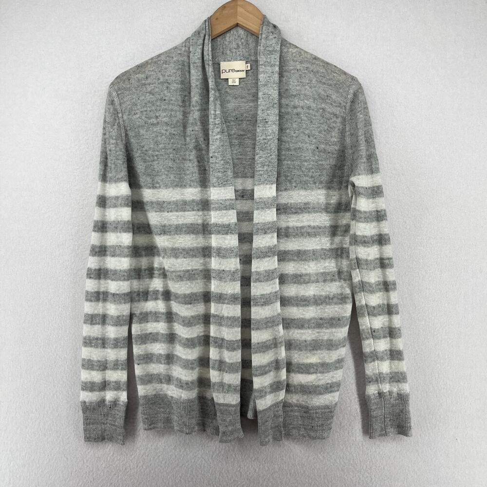 DKNY Cardigan Womens PS Petite Pure Linen Striped Open Front Draped Sweater Gray